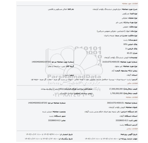 مزایده، فروش  ششدانگ یکواحد آپارتمان