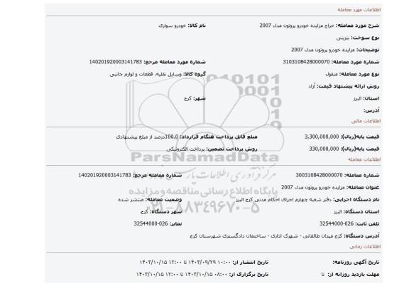 مزایده، مزایده خودرو پروتون مدل 2007