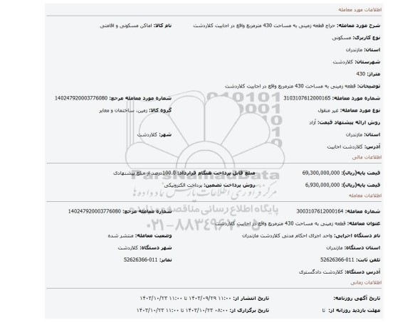 مزایده، قطعه زمینی به مساحت 430 مترمربع واقع در اجابیت کلاردشت