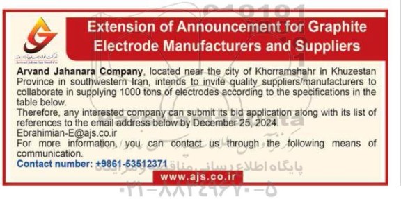 مناقصه supplying 1000 tons of electrodes