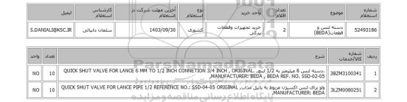 استعلام دسته لنس و قطعات(BEDA)