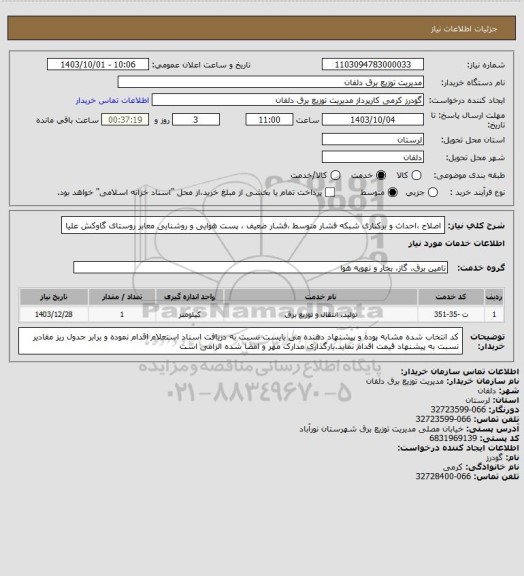 استعلام اصلاح ،احداث و برکناری شبکه فشار متوسط ،فشار ضعیف ، پست هوایی و روشنایی معابر روستای گاوکش علیا