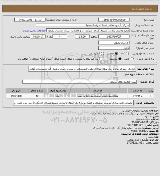 استعلام قرارداد  راهبری  بهره برداری ورفع  اتفاقات برقی  تاسیسات آب رسانی تحت  پوشش  آبفا  شهرستان  گناباد