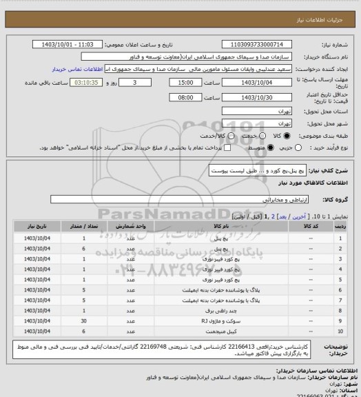 استعلام پچ پنل،پچ کورد و ... طبق لیست پیوست