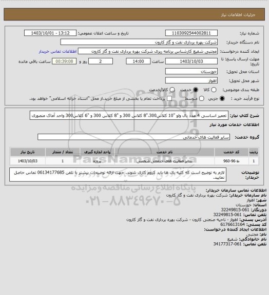 استعلام تعمیر اساسی 4 عدد بال ولو "10 کلاس300،"8 کلاس 300 و "8 کلاس 300 و "6  کلاس300 واحد آماک منصوری