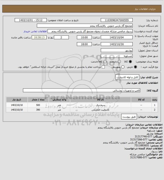 استعلام کابل و لوله کاندوئیت