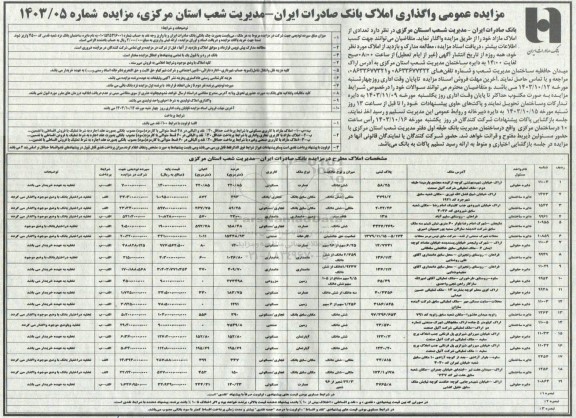 مزایده واگذاری املاک مازاد با کاربری مسکونی - تجاری/بانک - تجاری/مسکونی - دامداری - صنعتی - مزروعی - صنعتی 