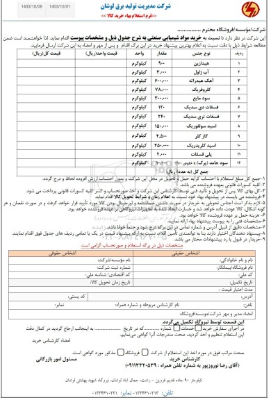 استعلام خرید مواد شیمیایی صنعتی ...