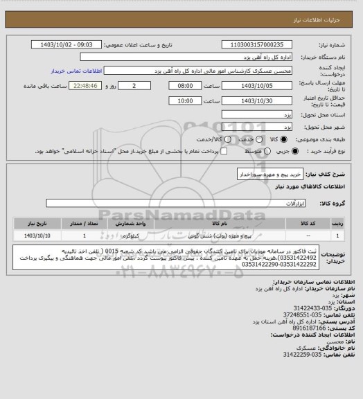 استعلام خرید پیچ و مهره سوراخدار