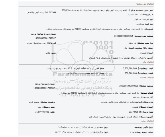 مزایده، یک قطعه زمین مسکونی واقع در محدوده روستای کوشک آباد به مساحت 201/63 متر مربع  فاقد مستحدثات میباشد