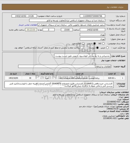 استعلام پشتیبانی و به روز رسانی اتوماسیون رادیویی طبق لیست پیوست