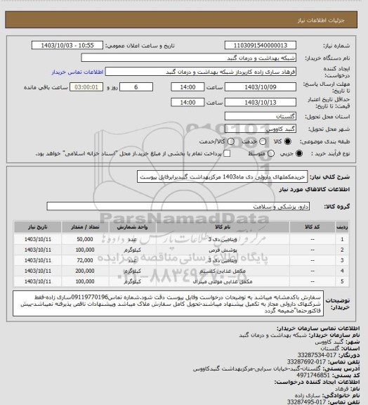 استعلام خریدمکملهای داروئی دی ماه1403 مرکزبهداشت گنبدبرابرفایل پیوست