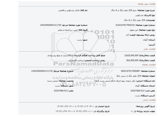 مزایده، 2/9 دهم دانگ از 6 دانگ