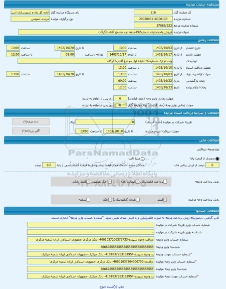 مزایده ، فروش واحدتجاری شماره192طبقه اول مجتمع آفتاب3گرگان -مزایده واحد تجاری  - استان گلستان