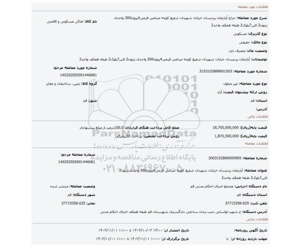 مزایده، آپارتمان پردیسان خیابان شهیدان شفیع کوچه صباغی فرعی4پروژه300 واحدی زیتون2 لاین7بلوک2 طبقه همکف واحد2