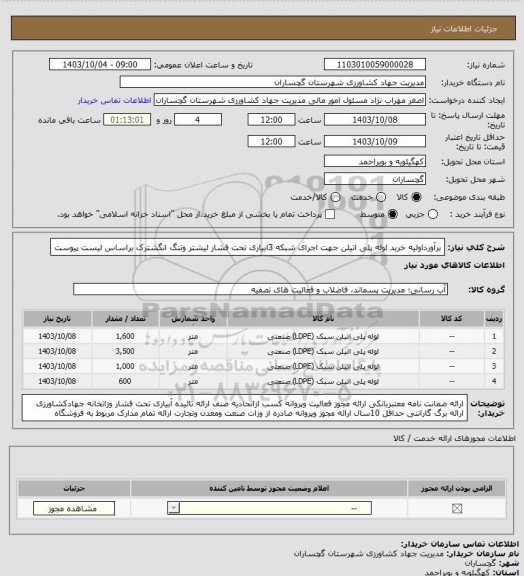 استعلام برآورداولیه خرید لوله پلی اتیلن جهت اجرای شبکه 3ابیاری تحت فشار لیشتر وتنگ انگشترک براساس لیست پیوست