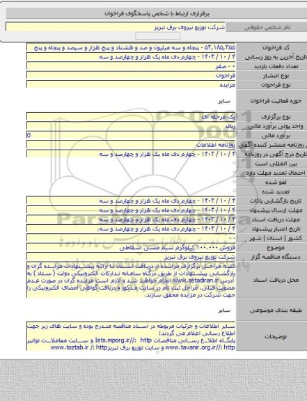 مزایده, فروش ۱۰۰.۰۰۰ کیلوگرم سیم مسی اسقاطی