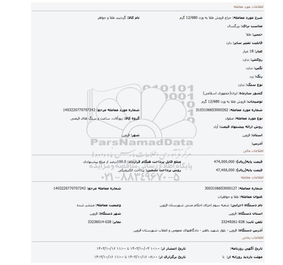 مزایده، فروش طلا به وزن 12/680 گرم