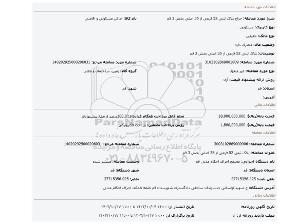 مزایده، پلاک ثبتی 52 فرعی از 35 اصلی بخش 3 قم