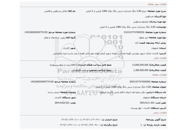 مزایده، 4.83 دانگ مشاع از شش دانگ پلاک 1289 فرعی از 2 اصلی