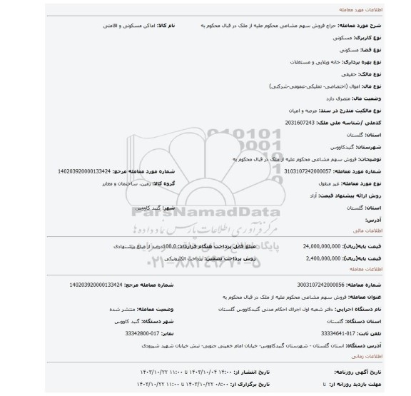 مزایده، فروش سهم مشاعی محکوم علیه از ملک در قبال محکوم به