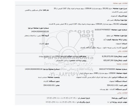 مزایده، 351/62 سهم مشاع از 1559.64 سهم عرصه و اعیان پلاک 1167 فرعی از 35 اصلی بخش 6 کاشان