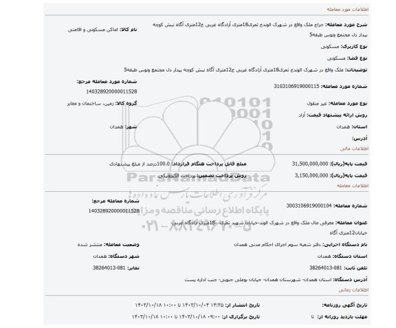 مزایده، ملک واقع در شهرک الوندخ ثمری18متری آزادگاه غربی خ12متری آگاه نبش کوچه بیدار دل مجتمع ونوس طبقه5