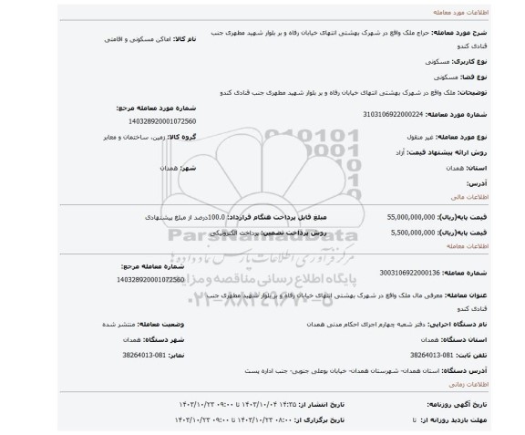 مزایده، ملک واقع در شهرک بهشتی انتهای خیابان رفاه و بر بلوار شهید مطهری جنب قنادی کندو