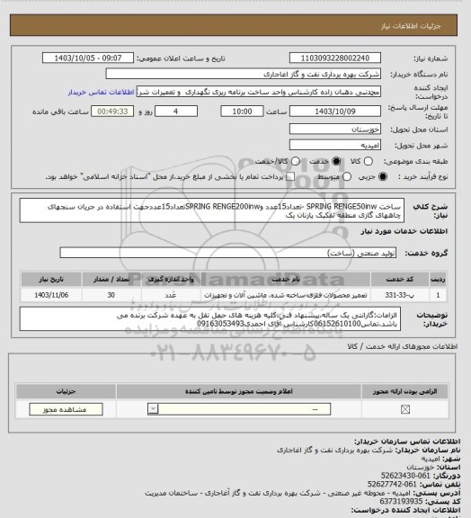 استعلام ساخت SPRING RENGE50inw -تعداد15عدد وSPRING RENGE200inwتعداد15عددجهت استفاده در جریان سنجهای چاههای گازی منطقه تفکیک پازنان یک