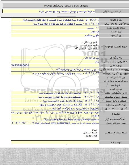 مناقصه, تهیه مواد اولیه، طبخ و توزیع غذای گرم پرسنل شرکت توسعه صنایع انرژی بر پارسیان جنوب