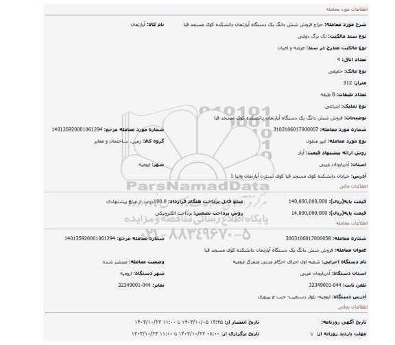 مزایده، فروش شش دانگ یک دستگاه آپارتمان دانشکده کوی مسجد قبا