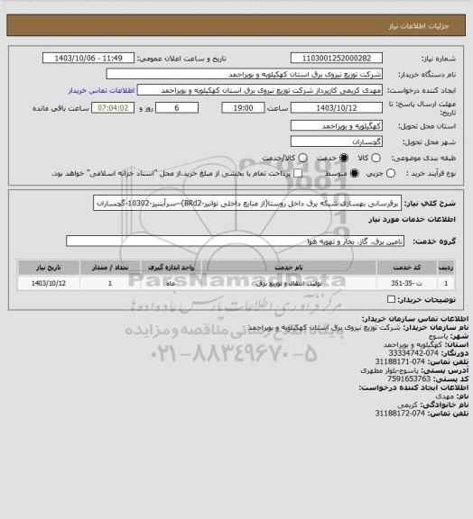 استعلام برقرسانی بهسازی شبکه برق داخل روستا(از منابع داخلی توانیر-BRd2)--سرأبننیز-10302-گچساران