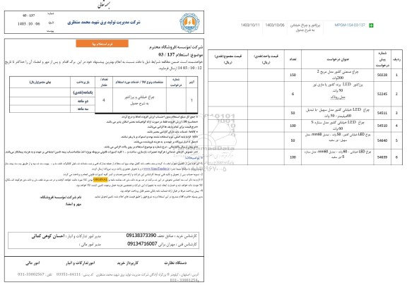 استعلام چراغ خیابانی و پرژکتور