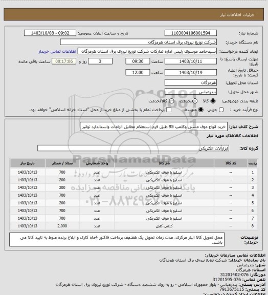 استعلام خرید انواع موف مسی وکلمپ 95 طبق فرم استعلام مطابق الزامات واستاندارد توانیر