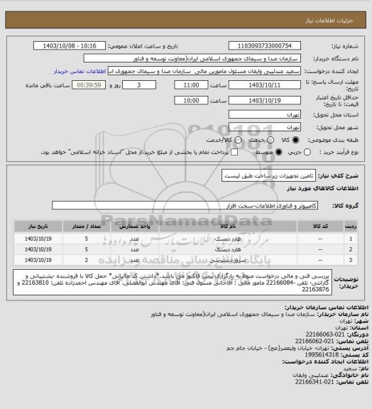 استعلام تامین تجهیزات زیرساخت طبق لیست