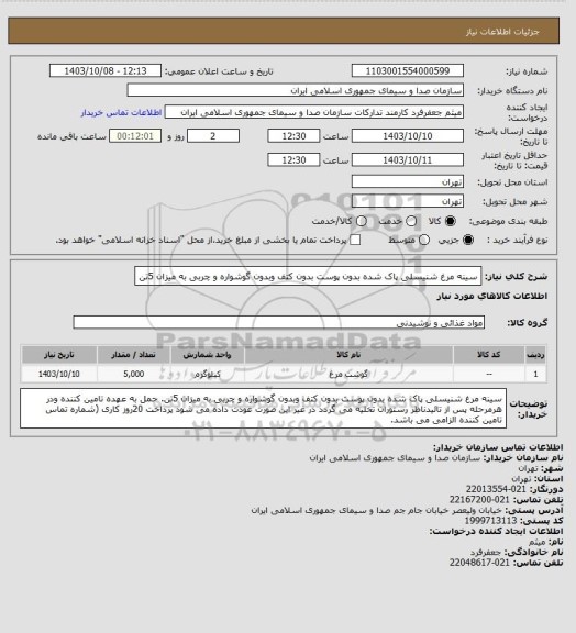 استعلام سینه مرغ شنیسلی پاک شده بدون پوست بدون کتف وبدون گوشواره و چربی به میزان 5تن