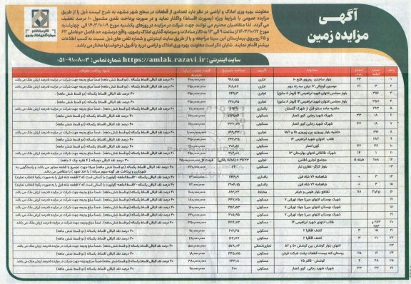 مزایده واگذاری 26 قطعه زمین با کاربری اداری، تجاری، باغداری، مسکونی، مختلط، تجاری/خدماتی