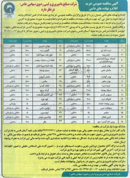 مناقصه عمومی خرید اقلام و نهاده های دامی