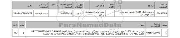 استعلام ترانس خشک 1600 کیلوولت آمپر پست های فولادسازی