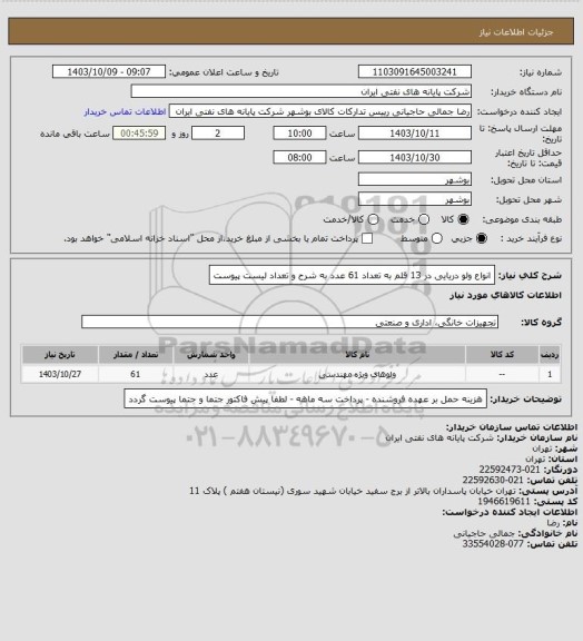 استعلام انواع ولو دریایی در 13 قلم به تعداد 61 عدد به شرح و تعداد لیست پیوست