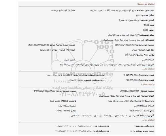 مزایده، کود مایع مرغی به تعداد 427 بشکه بیست لیتری