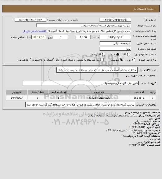 استعلام واگذاری عملیات توسعه و بهسازی شبکه برق روستاهای شهرستان صوفیان