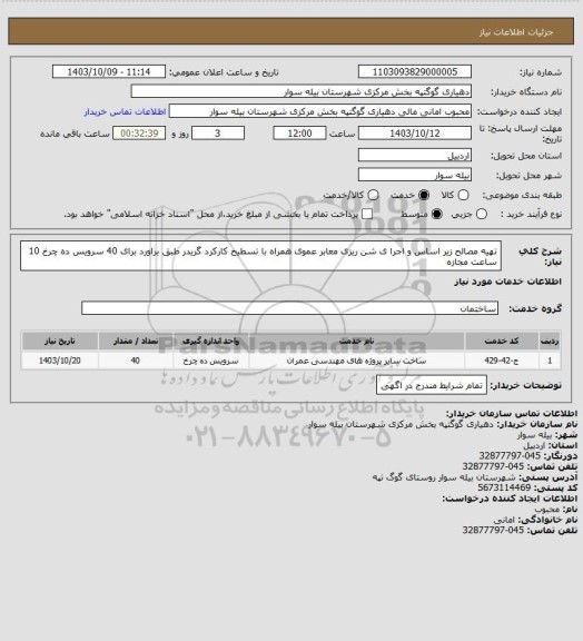 استعلام تهیه مصالح زیر اساس   و اجرا ی شن ریزی  معابر عموی همراه با تسطیح 
کارکرد گریدر طبق براورد برای 40 سرویس ده چرخ 10 ساعت مجازه