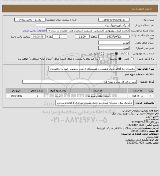 استعلام برقرسانی به آقای رسول شفیعی و همسایگان اراضی اسفرورین امور برق تاکستان