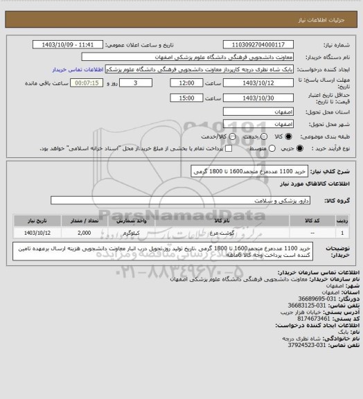 استعلام خرید 1100 عددمرغ منجمد1600 تا 1800 گرمی