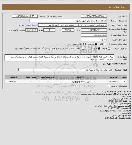 استعلام تهیه و تامین کلیه کالاها و تجهیزات مورد نیاز و اجرای عملیات احداث و اصلاح شبکه فشار ضعیف هوایی در روستاهای بهار – خرم آباد – فرخد – نوچاه و