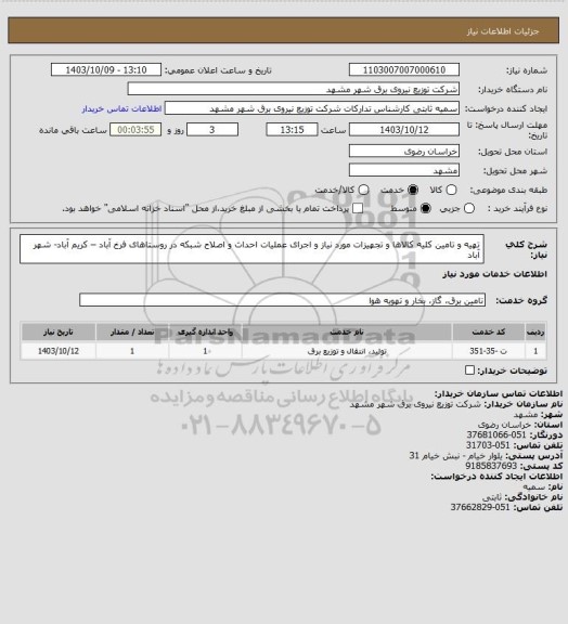 استعلام تهیه و تامین کلیه کالاها و تجهیزات مورد نیاز و اجرای عملیات احداث و اصلاح شبکه در روستاهای فرخ آباد – کریم آباد- شهر آباد