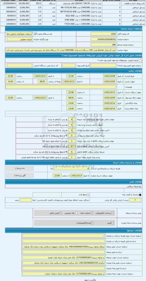 مزایده ، تبلت (از مارک lenovo تعداد 325 دستگاه و از مارک CONCORD تعداد 11 دستگاه دارای کد رجیستری می باشد)