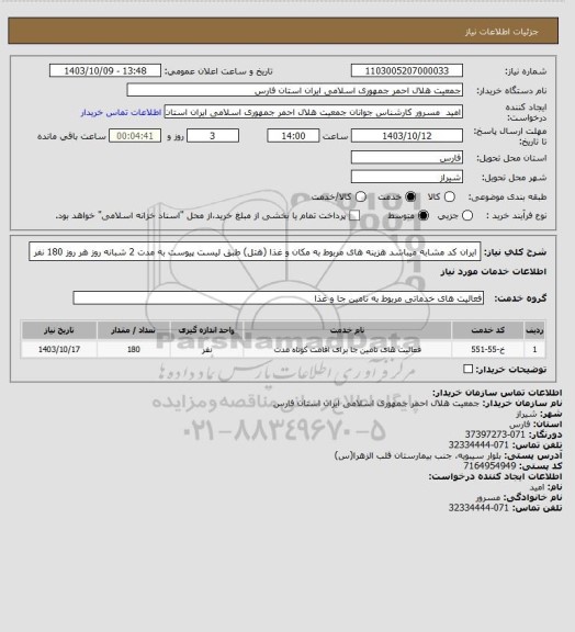 استعلام ایران کد مشابه میباشد هزینه های مربوط به مکان و غذا (هتل) طبق لیست پیوست به مدت 2 شبانه روز هر روز 180 نفر