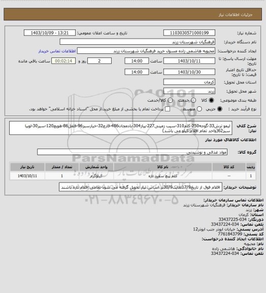 استعلام لیمو ترش33-گوجه250-کلم310-سیب زمینی227-پیاز304-بادمجان486-قارچ32-خیارسبز96-فلفل86-هویچ120-سیر30-لوبیا سبز62(واحد تمام اقلام کیلو می باشد)